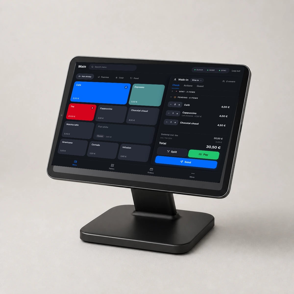 NowOS sur un iPad installé sur un support de comptoir